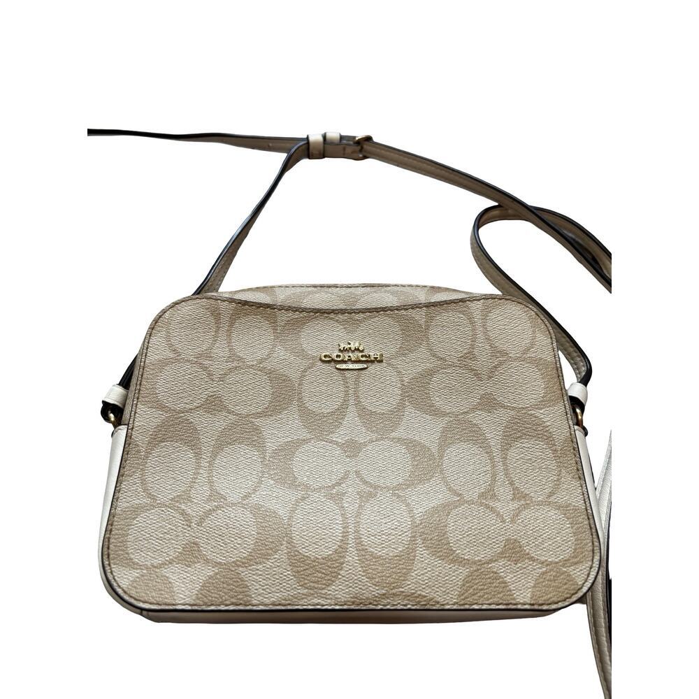 Coach Mini Camera Bag Signature Canvas Khaki Chalk Crossbody